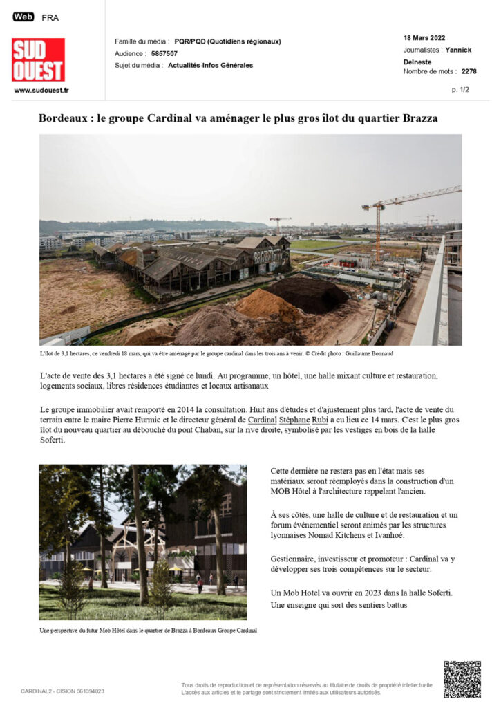 Groupe Cardinal - Bordeaux Brazza - Article SudOuest 18 mars 2021