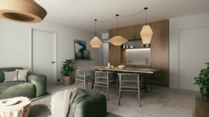 Vida Lydia Barcares - cuisine & salon lagune - Cardinal Promotion Immobilier - photo @Bolenor