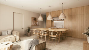 Vida Lydia Barcares - cuisine & salon sable - Cardinal Promotion Immobilier - photo @Bolenor